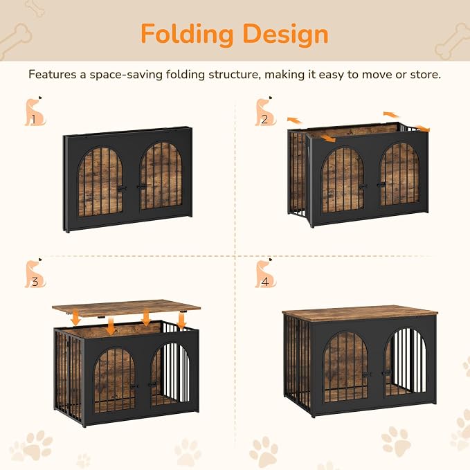 YATINEY 37.4" Dog Crate Furniture Foldable, Assembly-Free Dog Kennel | Arched Design, Collapsible Dog Crate, Dog Cage End Table, with Secure Door Lock, for Living Room, Hallway, Bedroom