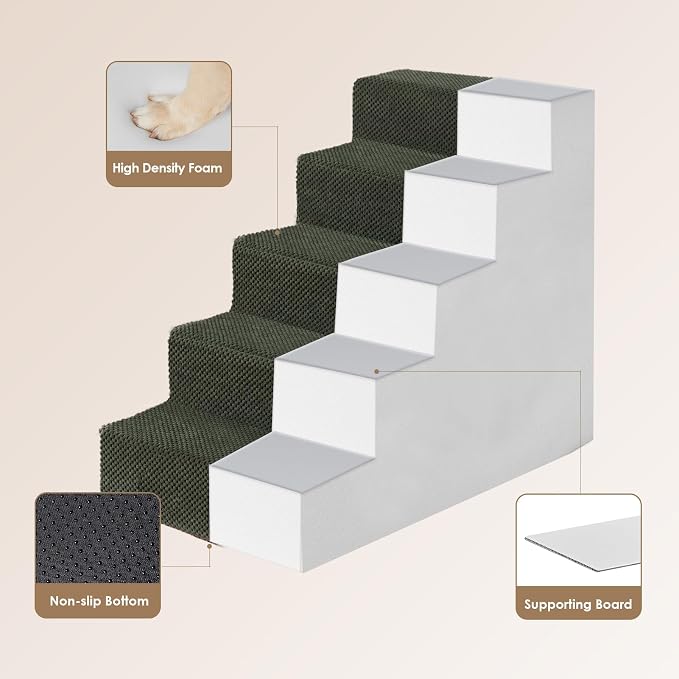 EHEYCIGA Dog Stairs for High Bed 22.5" H, 5-Step Extra Wide Dog Steps for Bed, Pet Steps for Small Dogs and Cats, Non-Slip Balanced Pet Ramp Indoor, Military Green