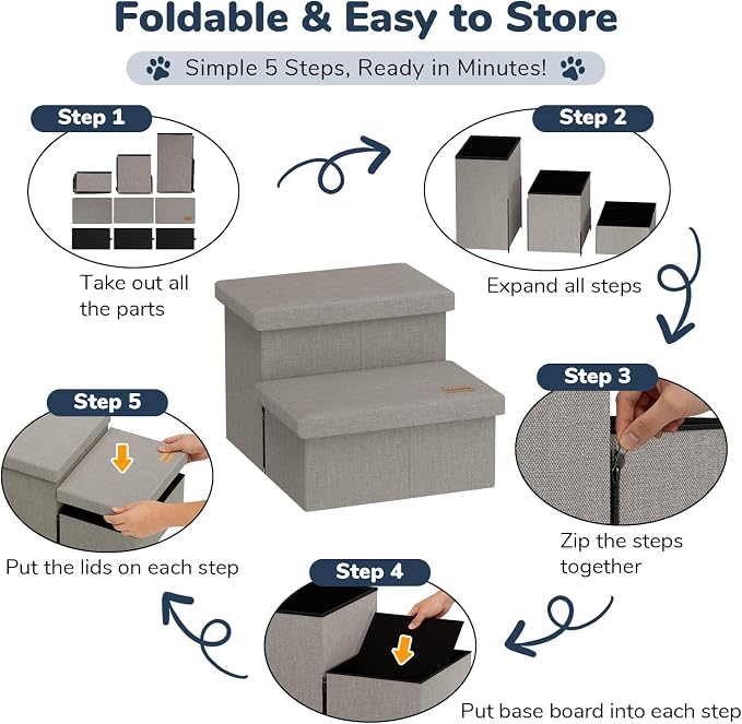 2-Step Wide Dog Stairs with Storage 11" H, Non-Slip Sturdy Pet Steps for Couch Chair, Dog Steps for Small/Medium Old Dogs, Cats, Rabbits Up to 150lbs, Foldable Cat Puppy Stairs for Car, Grey