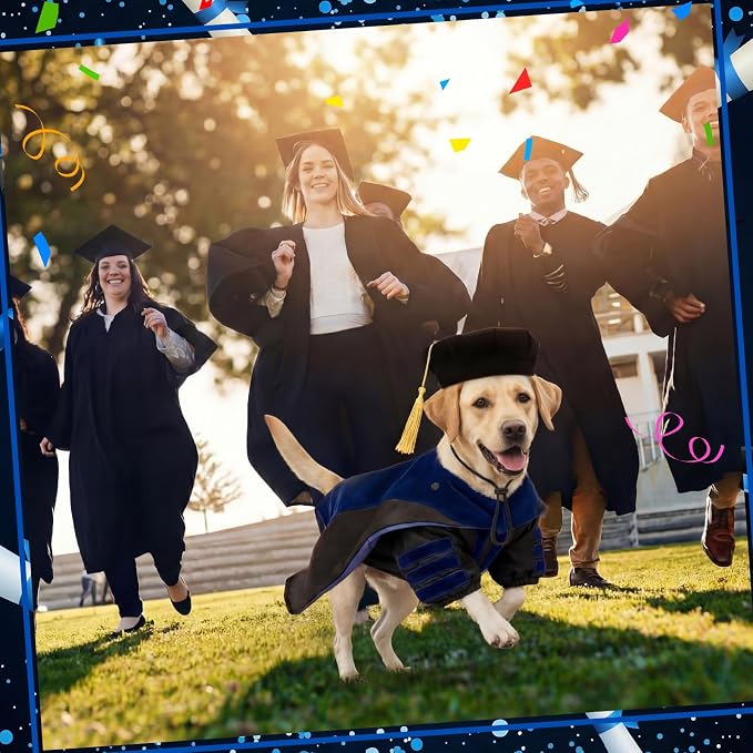 Huhumy 3 Pcs Dog Cat Graduation Doctoral Costume Set, 2026 Pet Phd Graduation Cap and Deluxe Doctoral Gown with Hood Side Tam Puppy Kitty Dogs Grad Holiday Party Costume Accessory(Royal Blue,XL)