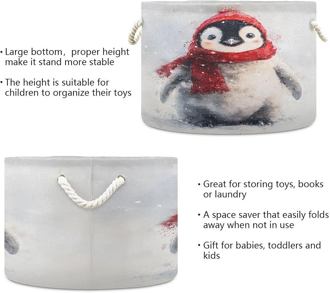 DOMIKING Large Storage Basket for Toys Christmas Penguin White Pattern Storage Bin Box Kids Laundry Hamper for Nursery Laundry Hamper Books Home Decor