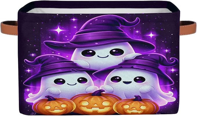 Halloween Basket Storage Bins Rectangle Canvas Basket Cube Storage Box | Nursery Foldable Basket with Handle for Kids Girls Boys Toys Living Room Closet Organizer Shelf Gifts Spooky Decor (261)