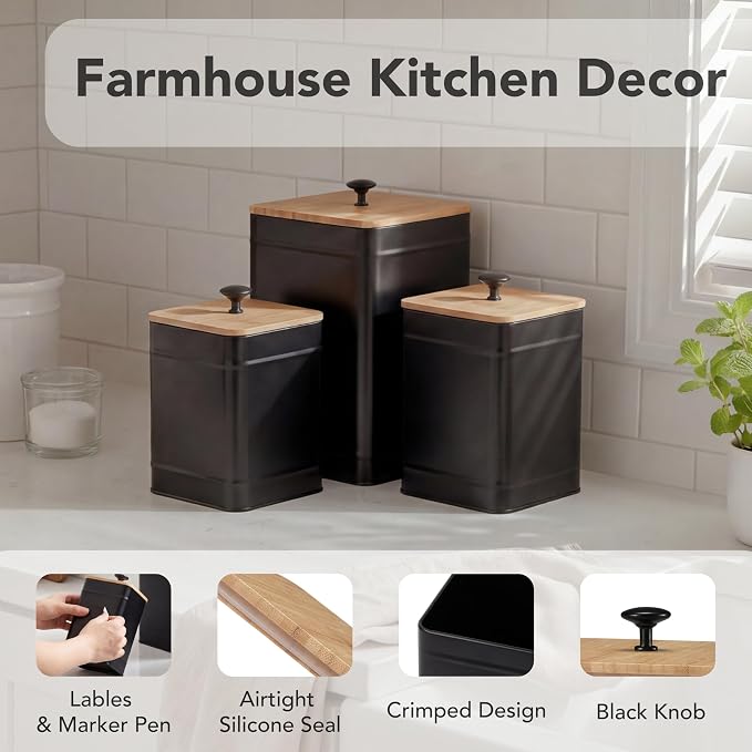 PERFNIQUE Kitchen Canisters for Countertop Set of 3, Airtight Canisters Sets for the Kitchen Counter with Lid, Metal Farmhouse Food Storage Containers Jars for Flour Sugar Coffee Tea Spice (Black)