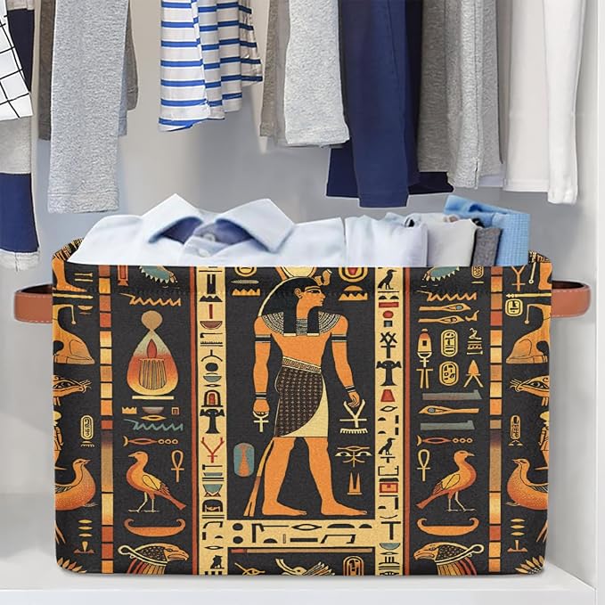 Egyptian Writing People Cube Storage Bins for Shelves, 15x11x9.5 inch Fabric Closet Organizers with PU Leather Handles, Foldable Toy Storage Baskets for Bedroom, Playroom