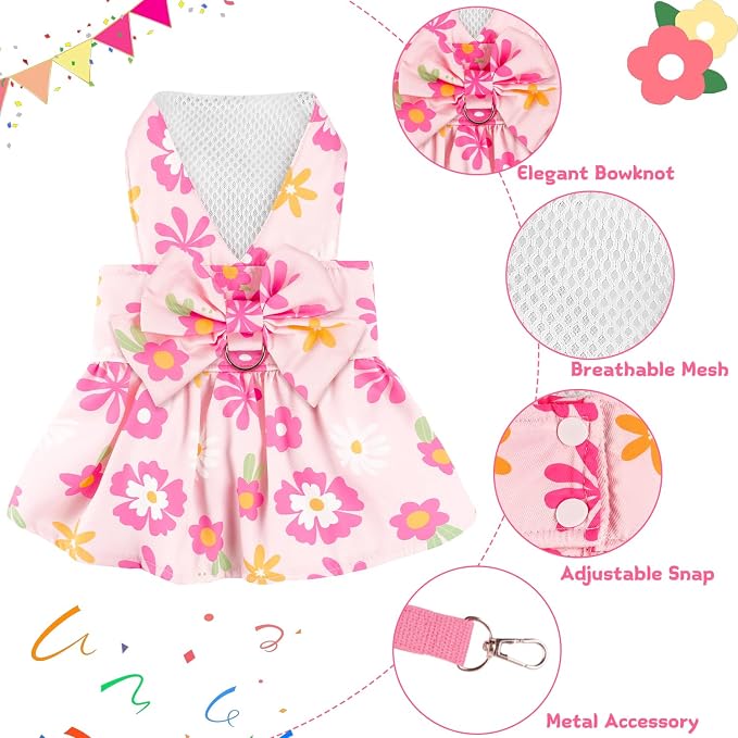 Dog Dress Harness Dresses Leash Set for Small Dogs Cute Girl Dog Clothes with Bowknot Puppy Outfits for Shih Tzu Yorkies Chihuahua (Large, Floral)