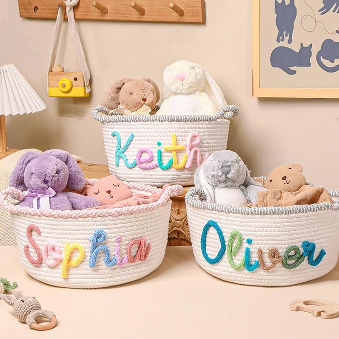 Personalized Cute Small Woven Basket with Handles, Custom Cotton Rope Room Shelf Storage Basket, Empty Decorative Gift Basket, Decorative Round Bin for Nursery Bedroom Bathroom (Style J)