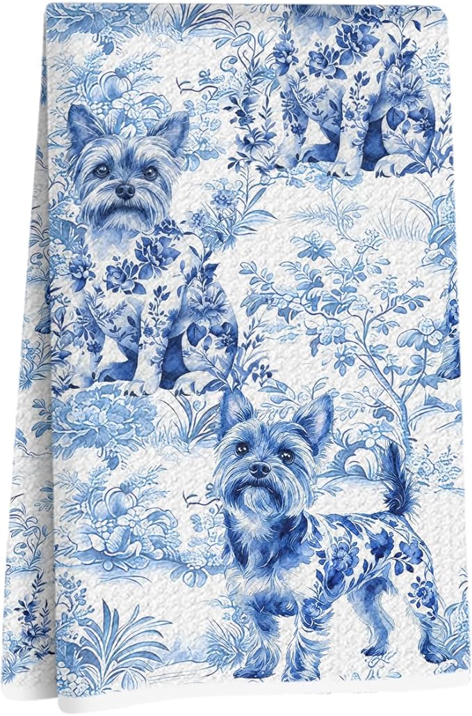 Chinoiserie Yorkshire Terrier Kitchen Towels 24x14 Inch, Yorkshire Terrier Gifts Reusable Dish Towels for Kitchen Decor, Blue and White Floral Waffle Weave Hand Towel, Dog Gifts for Women Mom