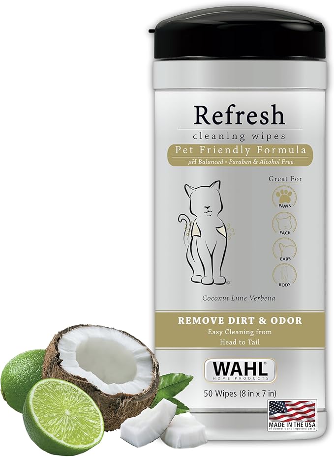Wahl USA Cat Refresh Cleaning Wipes with Oatmeal Formula to Refresh and Clean Dirty Cats - 50 Count - 820017-500