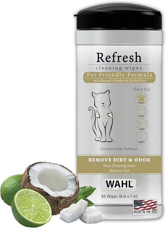Wahl USA Cat Refresh Cleaning Wipes with Oatmeal Formula to Refresh and Clean Dirty Cats - 50 Count - 820017-500