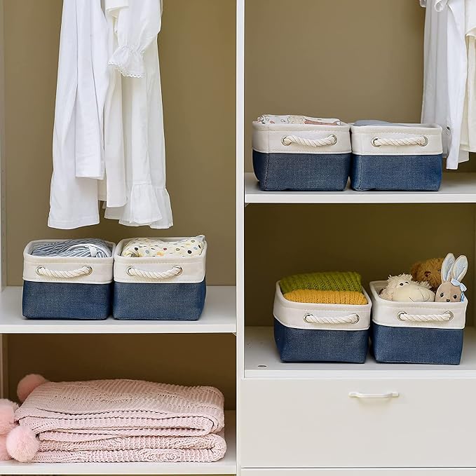 Storage Bins for Shelves - 12x8x5.2 inch 1 Pack Baskets for Gifts Empty, Fabric Storage Cubes for Closet Organizing Dog Gift Cloth Toy (White & Jean Blue)