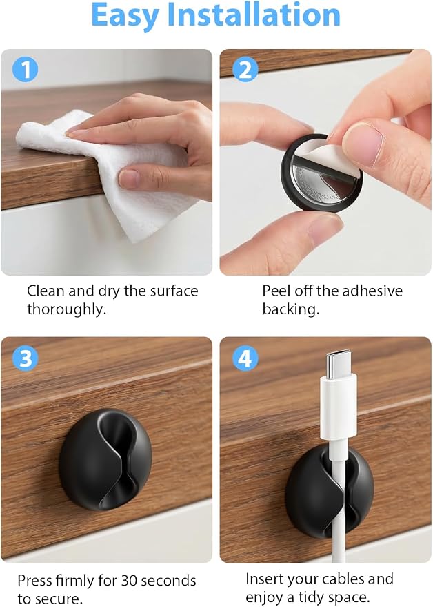 Shintop 6pcs Cord Holder for Nightstand, Self-Adhesive Cable Clips | Rubber Cord Organizer, Charger Holder, Residue-Free, Ready Access for Phone Chargers, USB, Mouse, Headphones, and HDMI