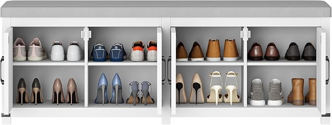 Hzuaneri 59" Shoe Storage Bench, with Soft Padded Seat Cushion & Doors | 2 Tier Entryway Storage Bench with Adjustable Shelf, Farmhouse Shoe Cabinet for Living room, Bedroom, White SB31503GY