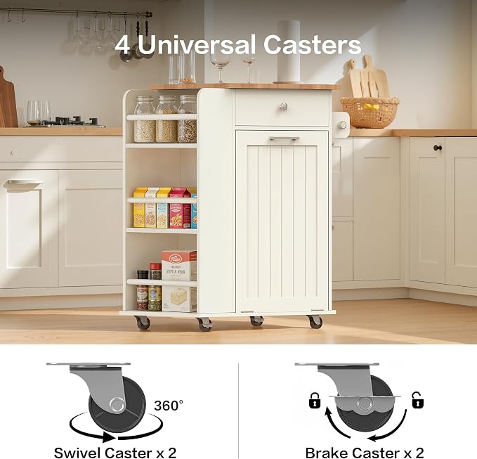 Kitchen Island with Trash Can Storage & Drop Leaf, Portable Kitchen Island on Wheels, Rolling Island Table for Kithchen