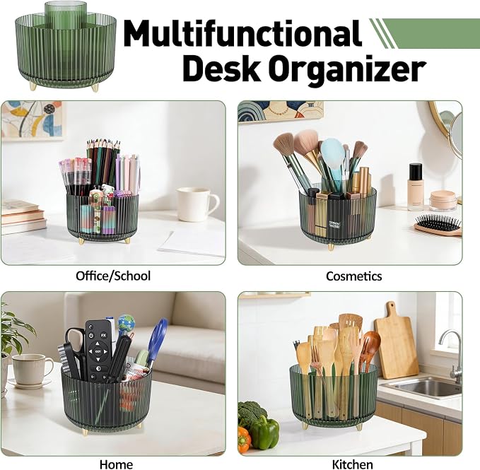 360 Rotating Pen Pencil Holder for Desk, Pen Organizer with 5 Slots | Makeup Brush Holder, Desk Organizer and Accessories, Cute Pencil Cup Caddy for Office School Home Decor Art Supply (Green)