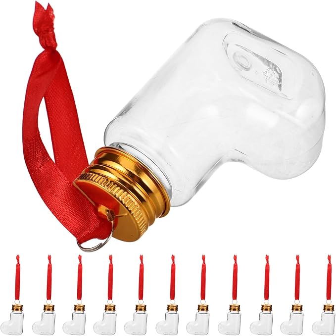 14pcs 50ml Pet Candy Bottles with Aluminum Caps and Red Hanging Strings – Sock-shaped Christmas Ornament Containers for DIY Holiday Tree Decorations and Candy Storage