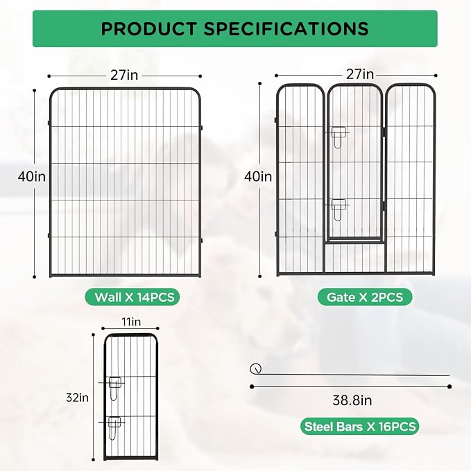 BestPet | Dog Playpen | 40", 16 Panels | Heavy Duty Metal Pet Exercise Pen | Indoor/Outdoor Fence Panels | Rust-Resistant, Removable, Tool-Free Setup | Anti-Skid, Expandable Design