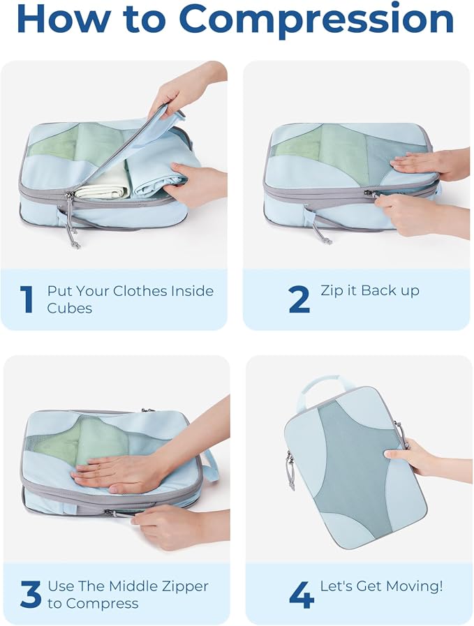 Bagsmart Compression Packing Cubes, Travel Bag Cruise Ship Essentials | Lightweight, Compressible Suitcase Organizer Set fit Standard Carry-On & Checked Luggage, 6 Set, 14 Set Washable Packing Bags