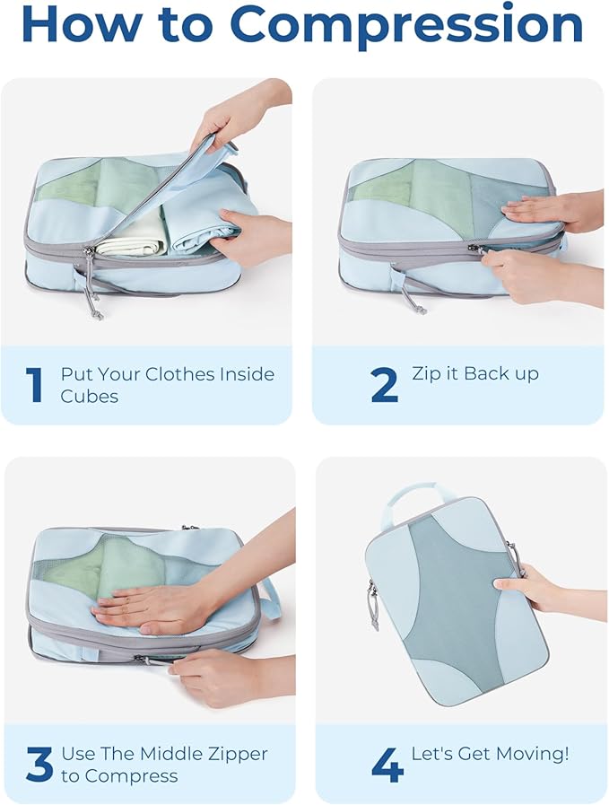 Bagsmart Compression Packing Cubes, Travel Bag Cruise Ship Essentials | Lightweight, Compressible Suitcase Organizer Set fit Standard Carry-On & Checked Luggage, 6 Set, 14 Set Washable Packing Bags