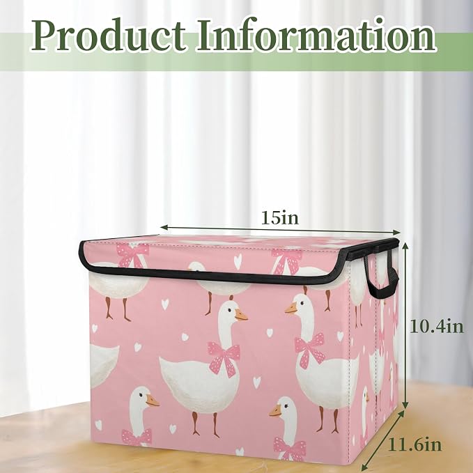 Cute Goose Storage Bins with Lids, Pink Bow Foldable Storage Boxes with Carrying Handle Organizer Containers Baskets Cube for Home Bedroom Closet