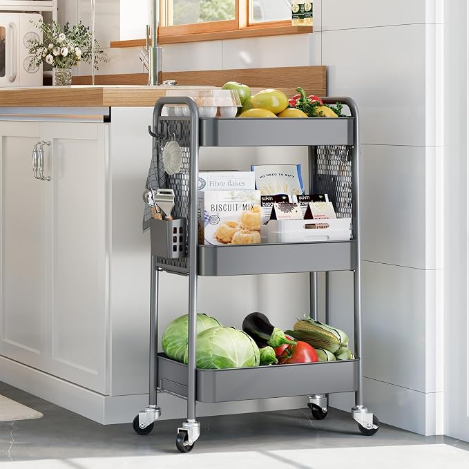 TOOLF 3 Tier Rolling Cart, Metal Utility Storage Cart with Pegboard, Grey | 2 Bins & 4 Hooks, Screwless Assembly, Lockable Wheels, Trolley Organizer for Bathroom, Kitchen, Office, Dorm, Craft Room