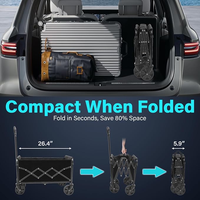 Collapsible Wagon Cart with Wheels, Compact 360 lb Folding Cart, Jet Black | Portable utility wagon for groceries, shopping, camping, garden, sports, picnics, laundry, apartment errands and small hauls