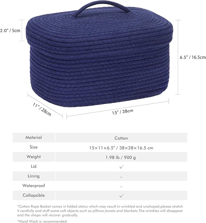 Sea Team Oval Storage Basket, Woven Cotton Rope Basket with Lid, Navy | Decorative Knitted Storage Bin, Multi-Purpose Lidded Organizer for Closet Shelves, Nursery and Household Storage