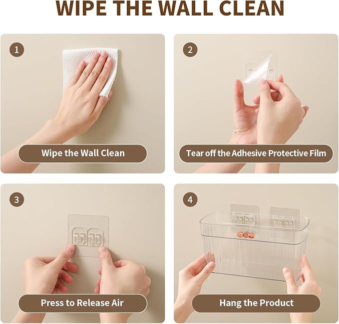 4 Pack Clear Acrylic Small Wall-Mounted Storage Baskets with Adhesive, No Drilling, Hanging Wall Mount Storage Bins for Kitchen, Pantry, Bathroom, RV