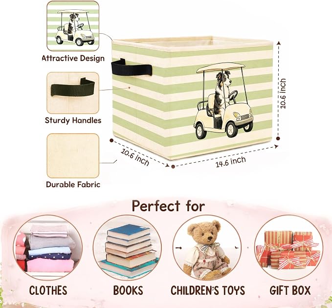 Golf Dog Green Stripe Foldable Fabric Storage Bin | Dog driving golf cart green stripe design; foldable fabric storage bin for kids room, nursery, or playroom.
