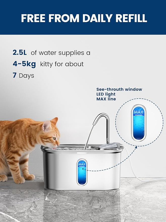 Cat Water Fountain Stainless Steel for Cats Indoor by BPA-Free SUS304, Effective 6-Layer Filter Cat Fountains for Drinking 2.5L 85oz 20dB Ultra Quiet Soft Flow Metal Pet Water Fountain