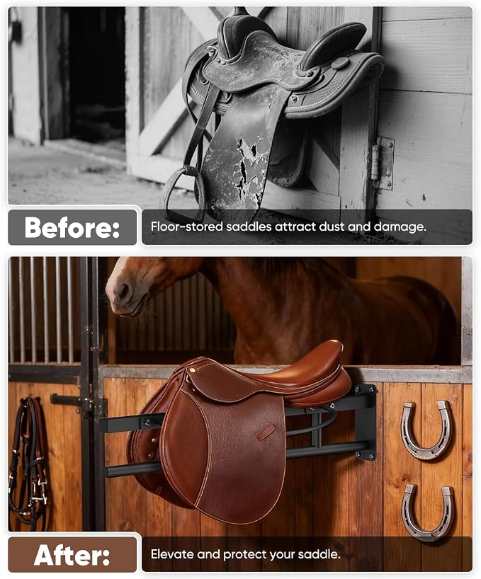 Queension Wall Mounted Saddle Rack with Pad Bar for Horses Saddles, Black | Heavy Duty Horse Saddle Stand with for English & Western Saddles, Saddle Pad Rack for Horses Blanket, Tack Storage