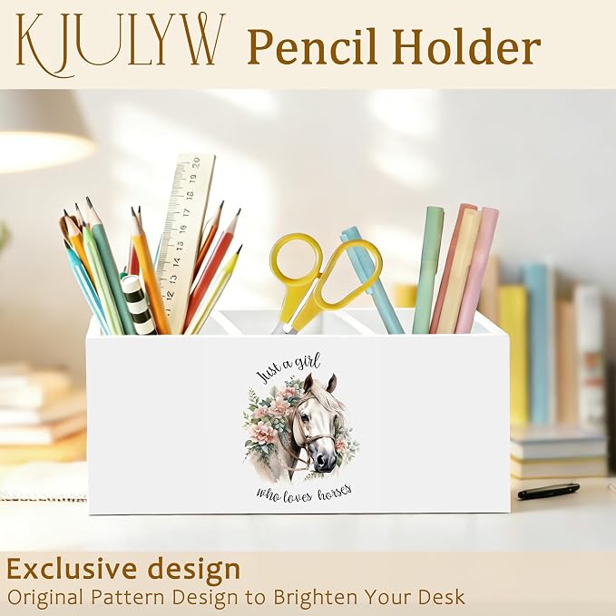 Horse Pen Holder for Desk, Horse Gifts for Women, Just a Girl Who Loves Horses Wooden Box Pencil Pen Holder Organizer for Home Office Desk Accessories