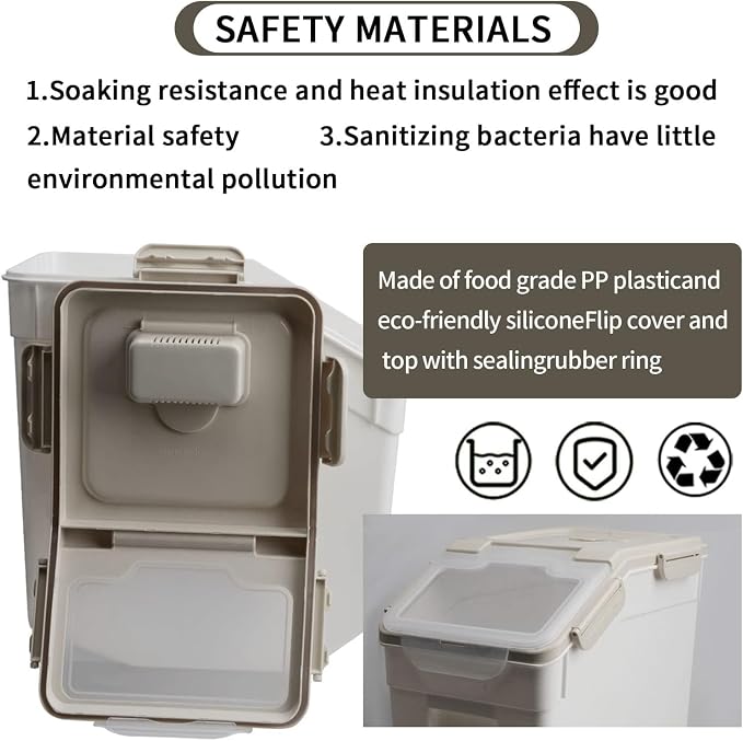 25LB Large Flour Storage Container Bin,4 Pack Airtight Plastic with Wheels Seal Locking Lid Dispenser Organizer Storage Bin with Measuring Cup & Scoop for Flour, Rice, Grain 100LBS Total，Grey