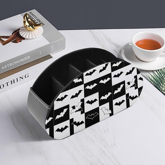 TV Remote Controllers Holder Gothic Bat Halloween Bedside Table Organizer | Desktop Storage Caddy Box, Gothic Bat Halloween Horror, Pu Leather, 5 Compartments for Controller, Media Player