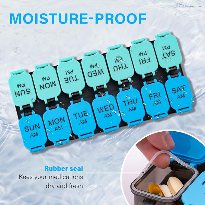 Yaklim Extra Large Weekly Pill Organizer, Detachable 7 Day AM PM Pill Box | XXL 14 Detachable AM PM Compartments；For Big Vitamins & Supplements； Easy to Open & Fill； Waterproof Seals； Easy Readability