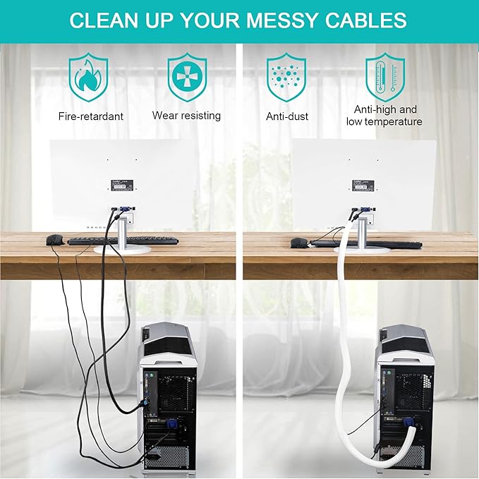 20ft 1/2 inch White Cable Sleeve | Cable Organizer for Desk PC TV Computer, Wire Protector Cable Wrap Cover, Cord Management, Home Office