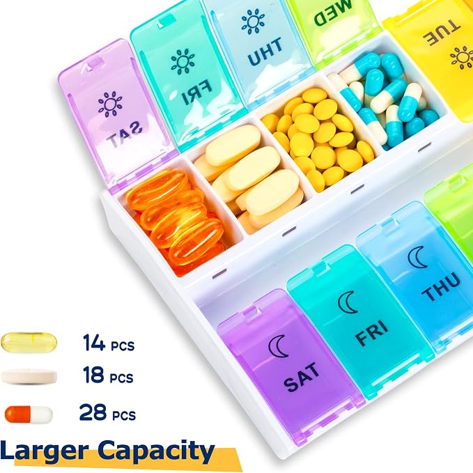 Mossime XL Pill Organizer 2 Times a Day, 7 Day Am Pm Pill Box | 2 Times a Day, Weekly Am Pm, Hinged Lids, 7 Day Medicine Vitamin Case