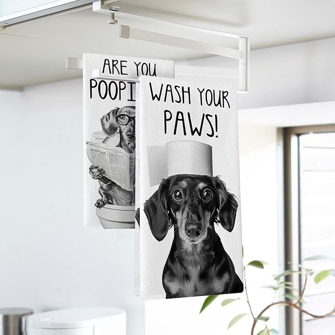 Funny Dachshund Dog Bathroom Kitchen Dish Towels Set of 2, are You Pooping Toilet Drying Hand Towel Baking Cooking Cloth, Wash Your Paws Hands Washroom Restroom Home Decoration 18'' x 26''