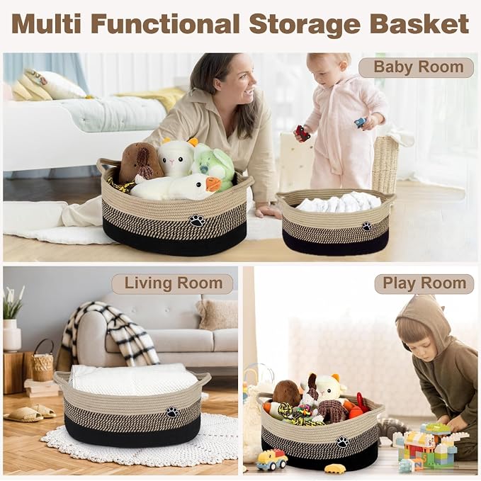 Optish 25L Dog Toy Basket,16.5" x 11" x 9" Medium Toy Storage Box and Bin with Handles, Woven Rope Foldable Basket for Blankets, Living Room, Bedroom, Home Decor, Black & Brown
