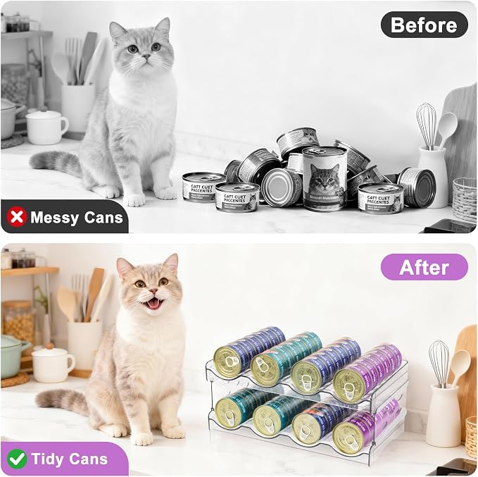 REFLYING Cat Food Can Organizer 2-Tier Metal 48 Cans 3.5oz Black | Black metal 2-tier cat food can organizer,Holds 48 cans 3.5oz,Adjustable pantry countertop storage for kitchen cabinet