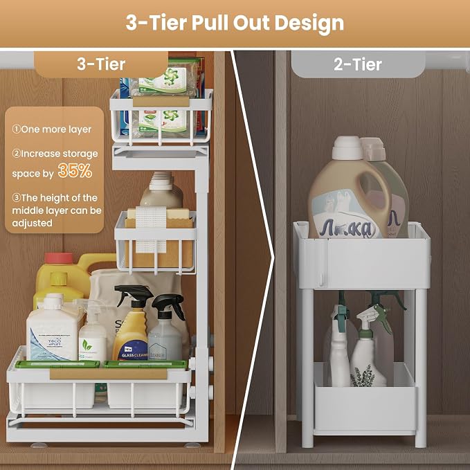 Under Sink Organizer and Storage for Bathroom and Kitchen - 1 Pack 3 Tier | Cabinet Pull Out Shelf Organizers - Slide Out Drawer Organization for Home Cabinets Shelves and Drawers