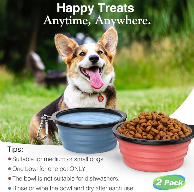 Pawaboo Collapsible Travel Dog Bowls 2 Pack with Lids&Carabiners Silicone | Feeding Watering Bowls for Dogs Cats, Collapsable Water Feeder Food Bowl for Walking Traveling Home Use, Light Pink + Blue