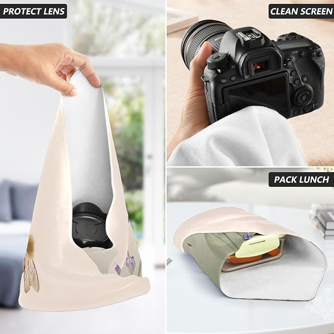 JIPONI Lavender Bee Makeup Bag, Self-Adhesive Magic Wrap Cloth, Portable Cosmetic Organizer, Camera Lens Protector, Travel Storage for Beauty Essentials, 21.7"x21.7"