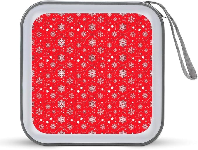 Portable CD/DVD Holder Snowflakes Christmas Red Print, 40-Capacity Hard Case with Zipper, Protective Storage Binder for Music Movies Game Discs