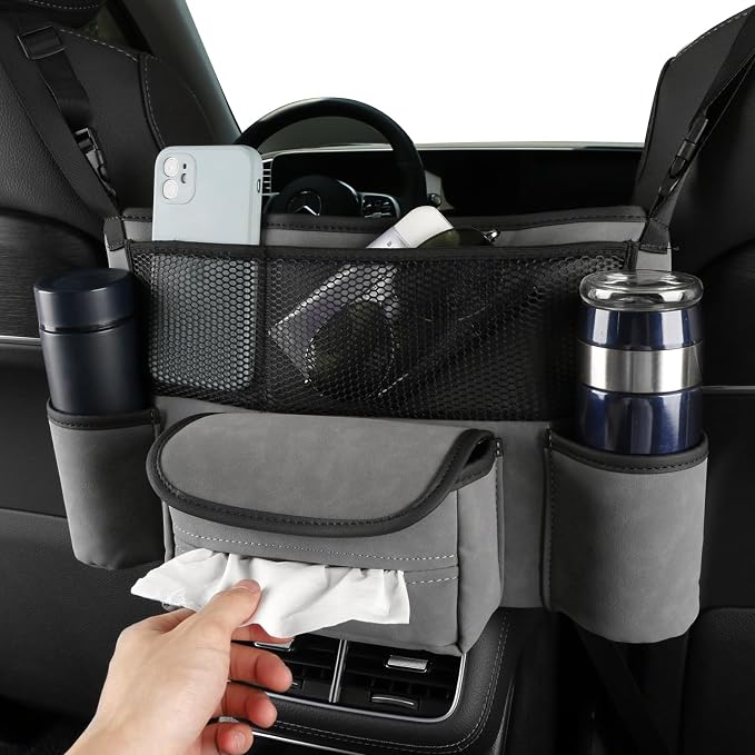 Leather Car Seat Organizer for Handbag/Purse – Fits Between Front Seats, Holds Wallet, Phone & Essentials. (Modle A/Grey)