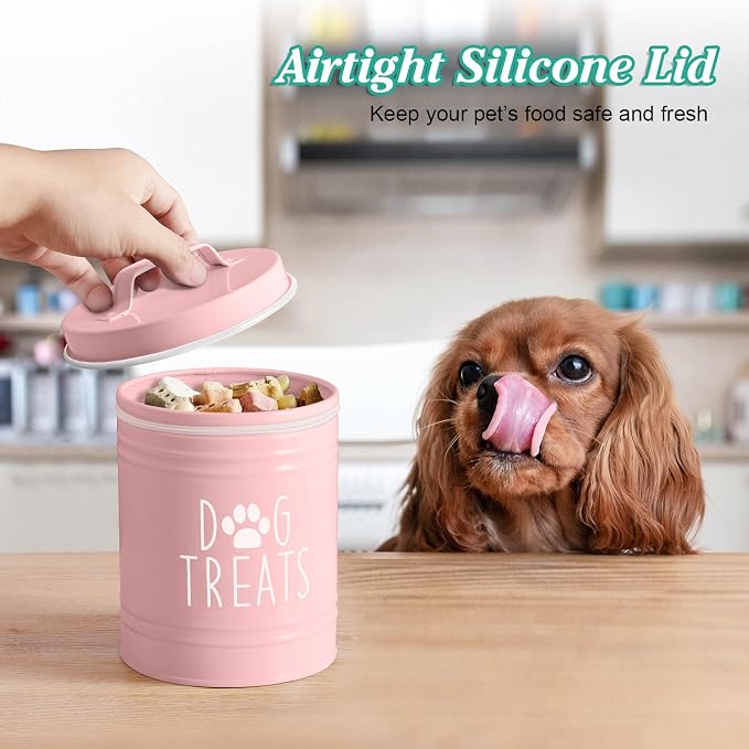 OUTNILI Pink Small Dog Treat Container Airtight - 6" Tall X 4.9" Round Pink Dog Treat Jar for Kitchen Counter - Rustic Treat Storage Canister for Dogs, Cats, Small Animals - Gifts for Pet Owners