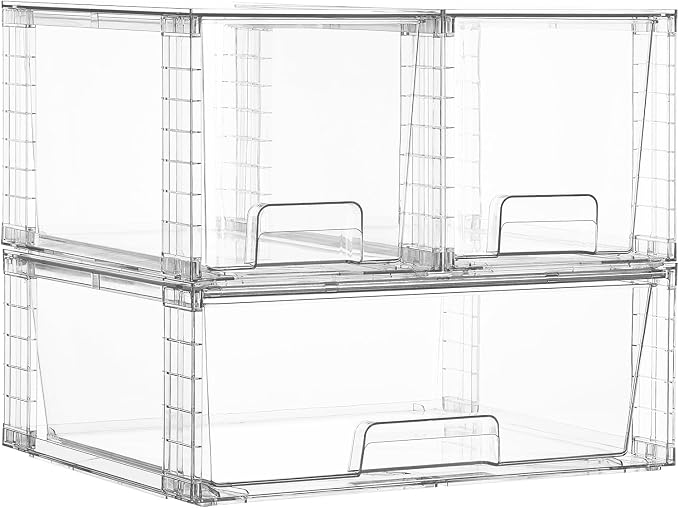 Vtopmart Clear Stackable Storage Drawers, 3 Pack Wide Organizer Set | Wide and Medium Pull-Out PET Drawers with Stackable Design for Flexible Storage, Cabinets, Closets, Pantry