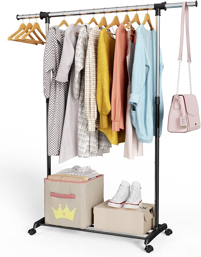 Whitmor Heavy Duty Adjustable Garment Rack-Rolling Clothes Organizer, Black and Chrome