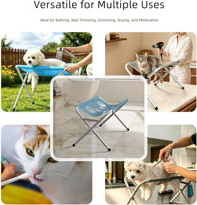 Pet Grooming Hammock with Stand, Dog Bathing Station, Cat-Hammock | Foldable Steel Frame Pet Bath Rack With Breathable Polyester Net, 8 Fixed Holes, 10KG Load