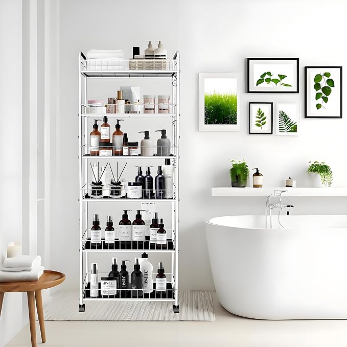 10in 6 Tier Slim Storage Cart with Wheels, Narrow Space Rolling Shelving Unit with Handle, Metal Wire Mobile Organizer Rack for Kitchen Bathroom Office Laundry