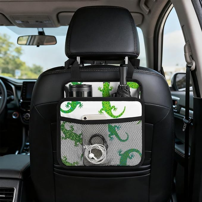 Car Seat Back Organizer Hanging Storage Bag for Backseat, Cute Animals | Lizards, Pu Leather Auto Storage Organizer with Mesh Pockets, Waterproof and Leakproof